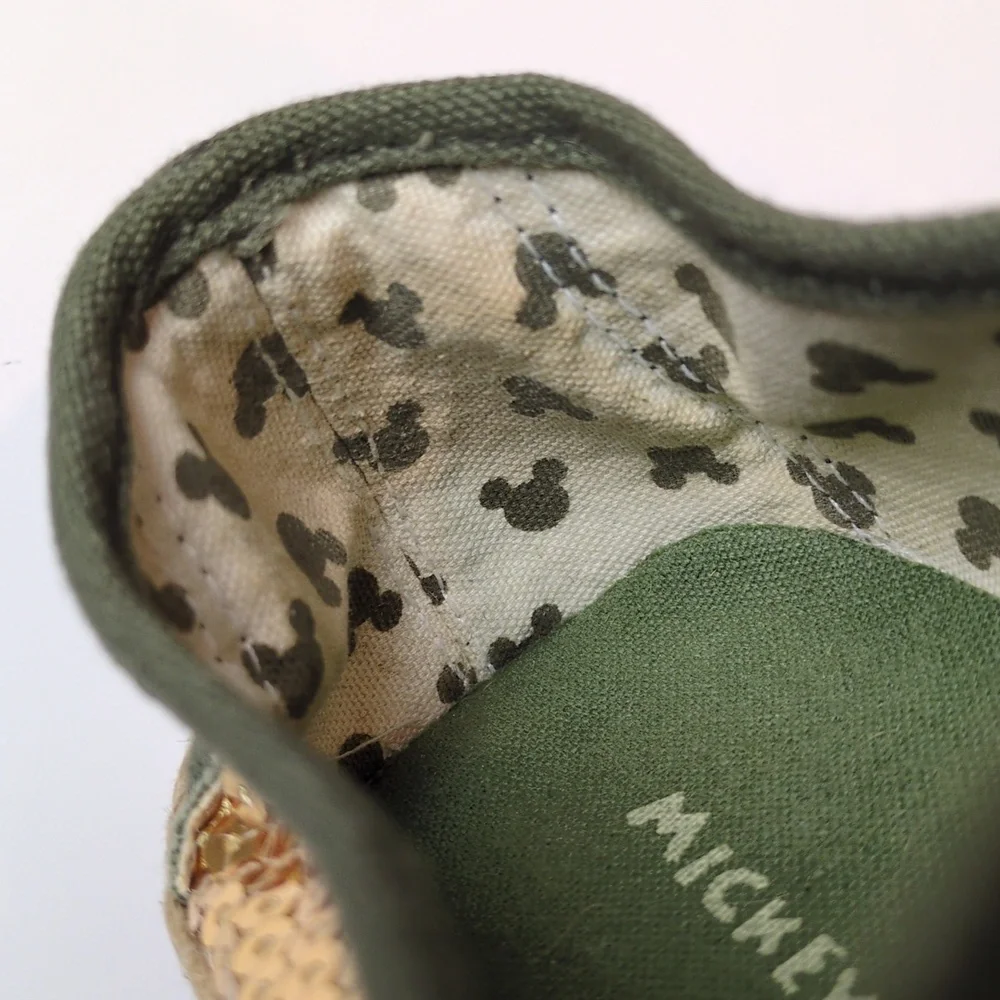Disney Mickey Mouse Women's Olive Green Gold Sequin Espadrille Slip On Shoes 10